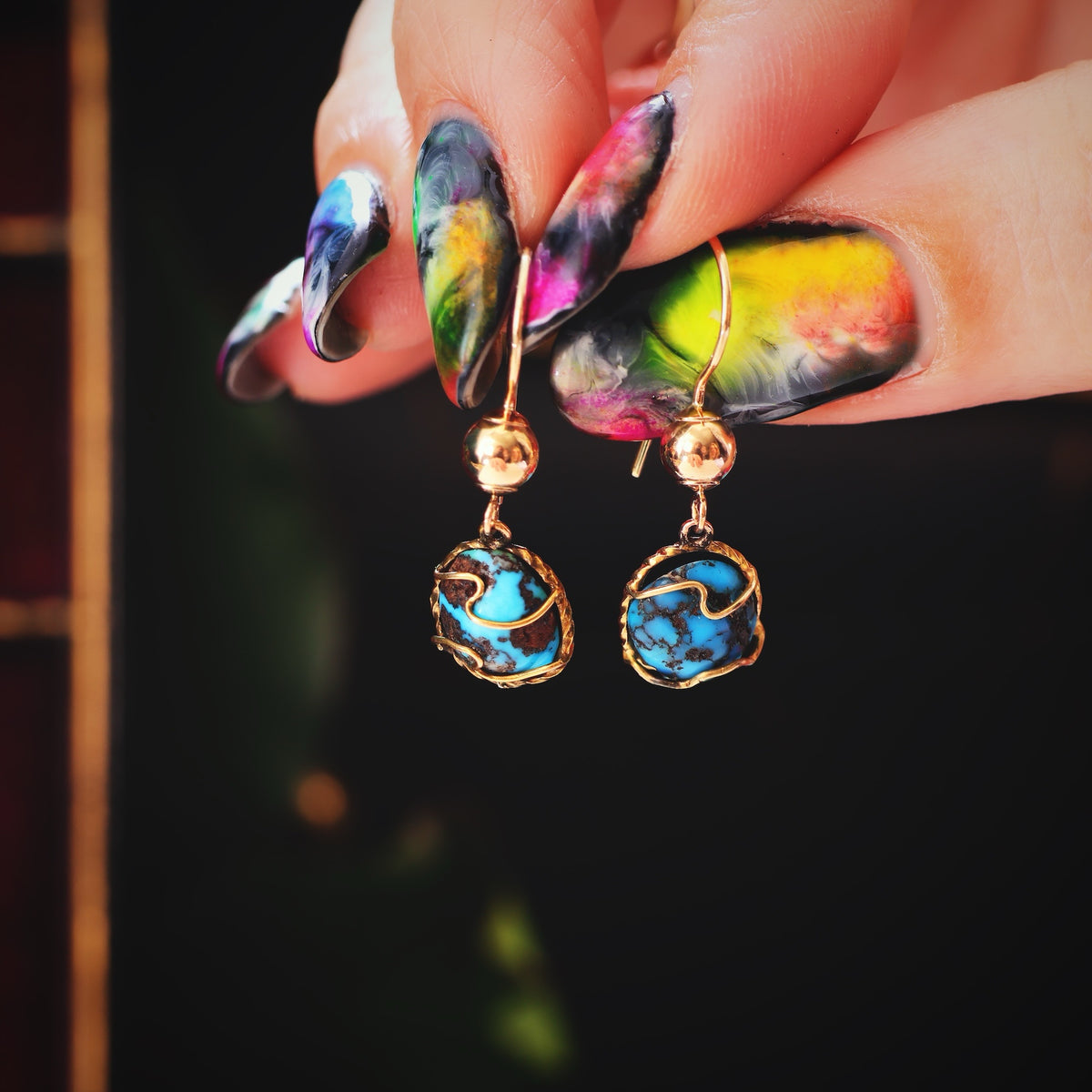 Antique Natural Turquoise in Matrix Drop Earrings