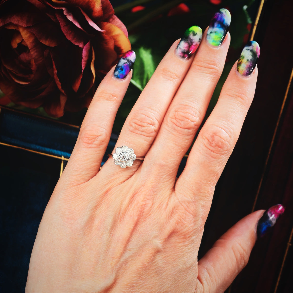 Pristine Vintage Platinum Diamond Daisy Engagement Ring