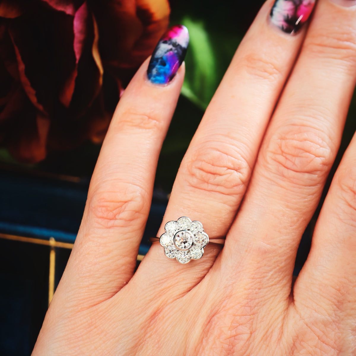 Pristine Vintage Platinum Diamond Daisy Engagement Ring