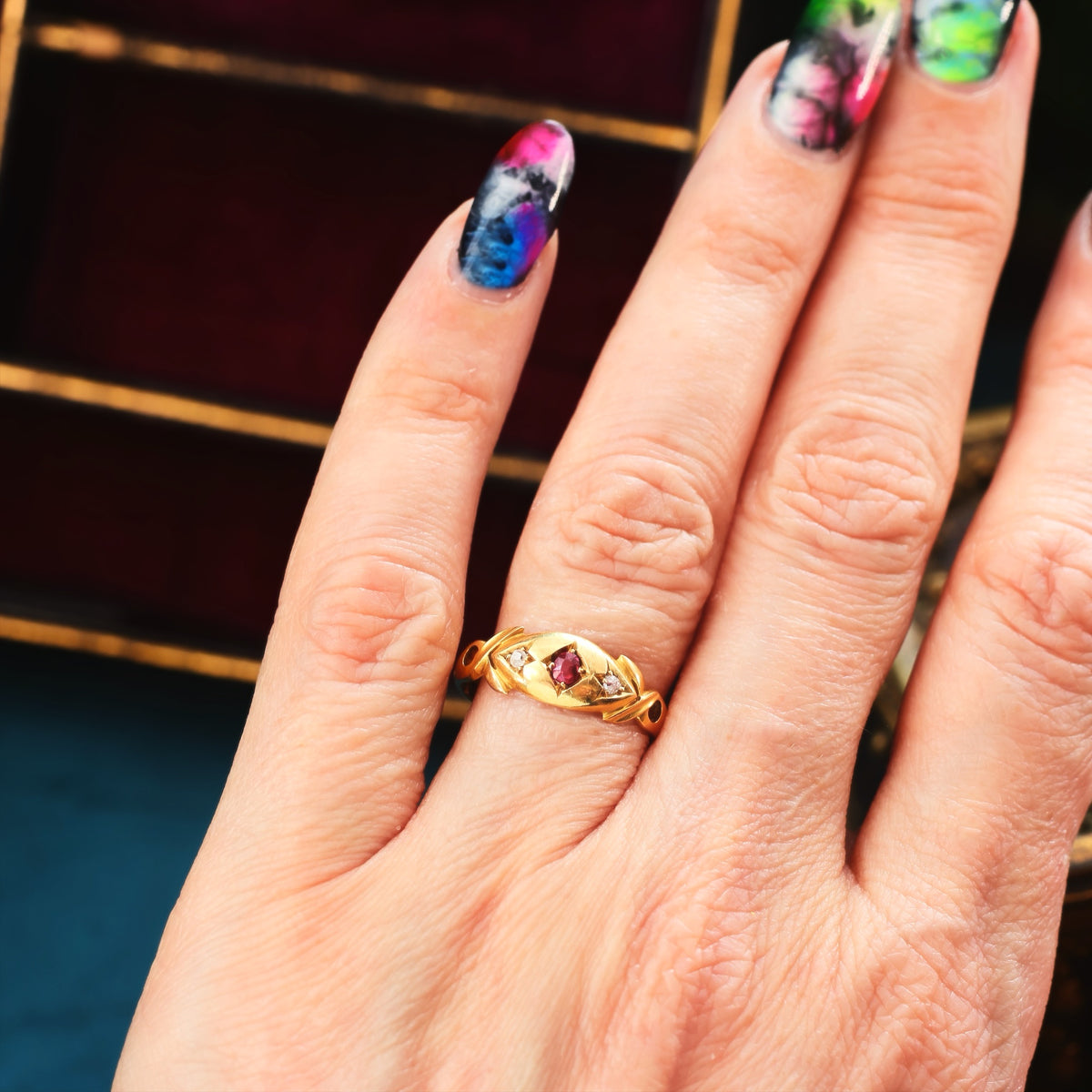 Date 1903 18ct Gold Ruby & Diamond Gypsy Style Ring