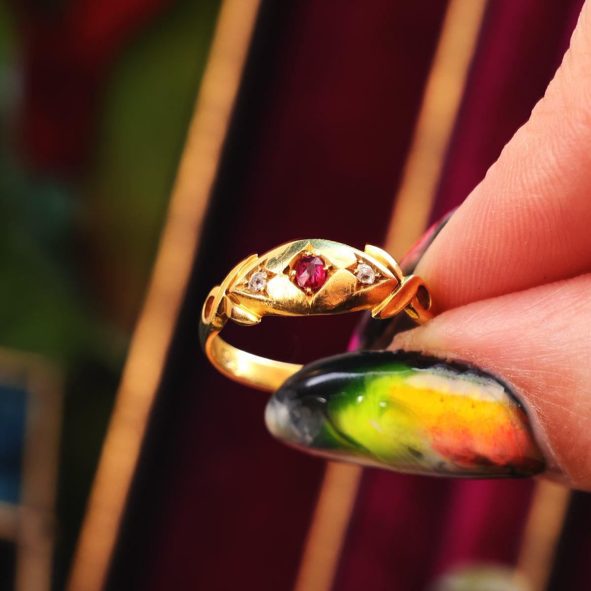 Date 1903 18ct Gold Ruby & Diamond Gypsy Style Ring