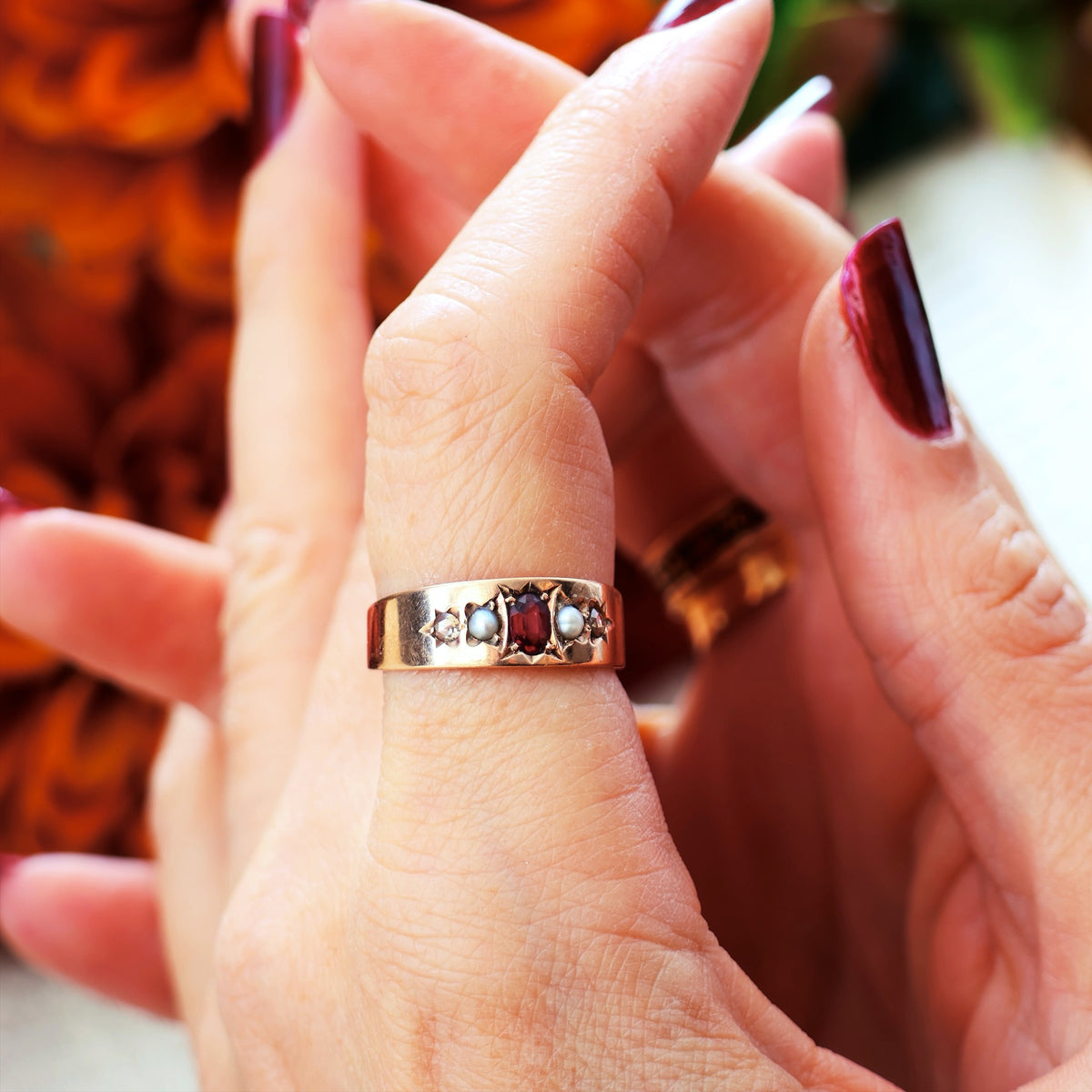 Antique Starset Garnet, Pearl & Diamond Band Ring