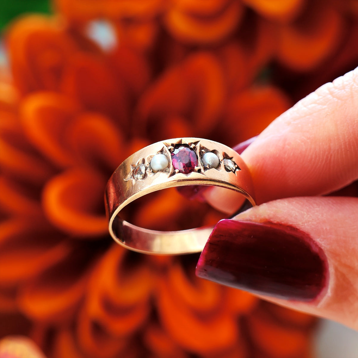 Antique Starset Garnet, Pearl & Diamond Band Ring