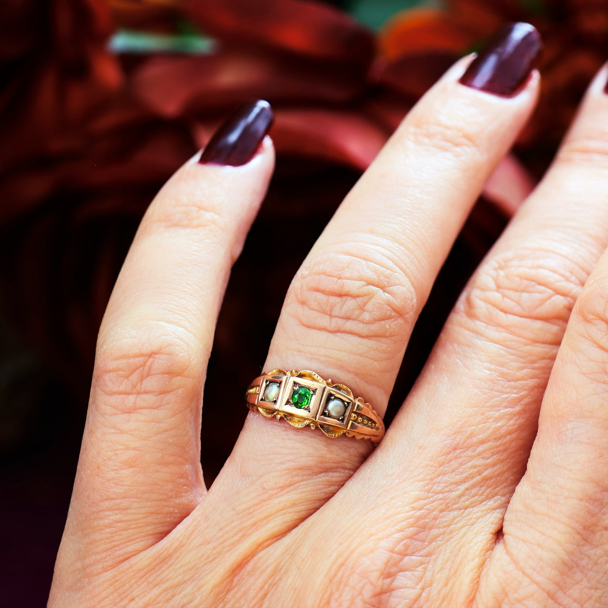 Date 1909 Demantoid Garnet & Pearl Ring