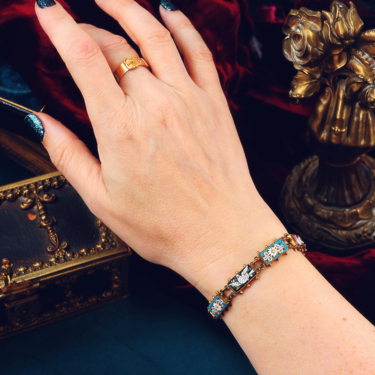 Antique Doves & Flowers Micro Mosaic Bracelet