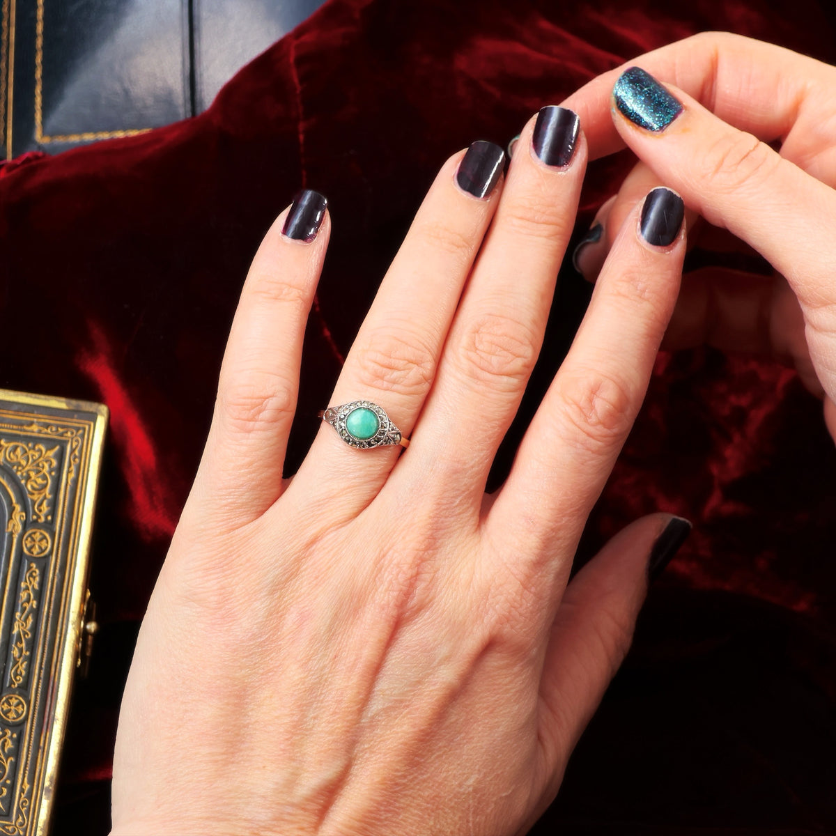 Vintage Art Deco Aventurine & Marcasite Ring