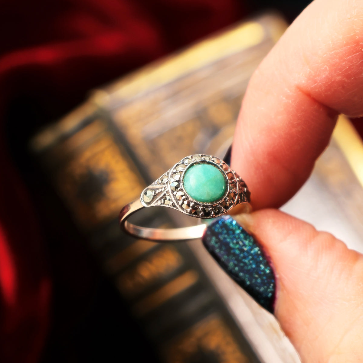 Vintage Art Deco Aventurine & Marcasite Ring