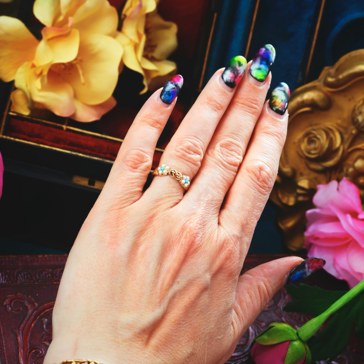 Antique Forget-me-not Turquoise & Wild Pearl Ring