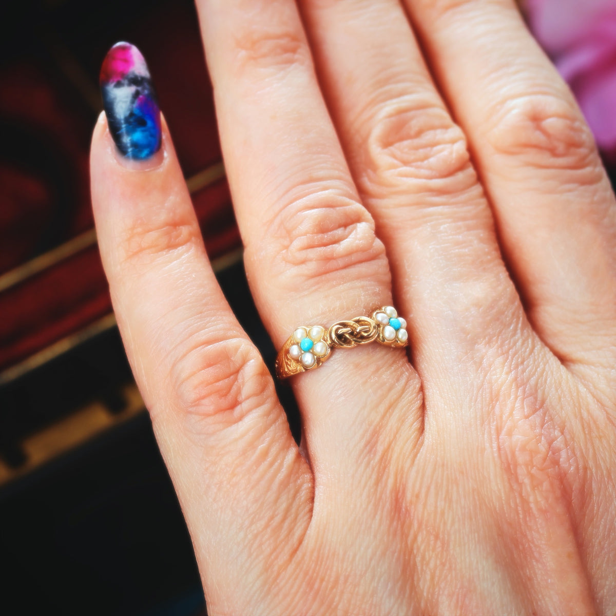 Antique Forget-me-not Turquoise & Wild Pearl Ring