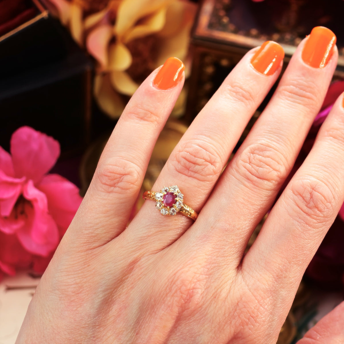 An Antique Ruby & Diamond Blossom Engagement Ring