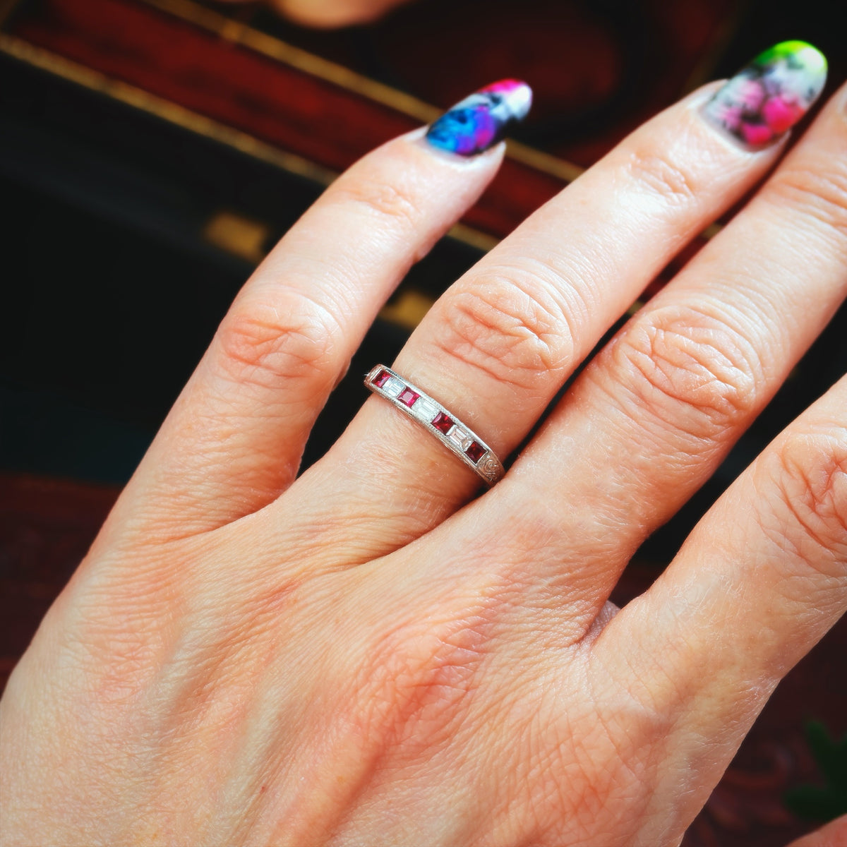 Pristine Ruby and Emerald Cut Diamond Band