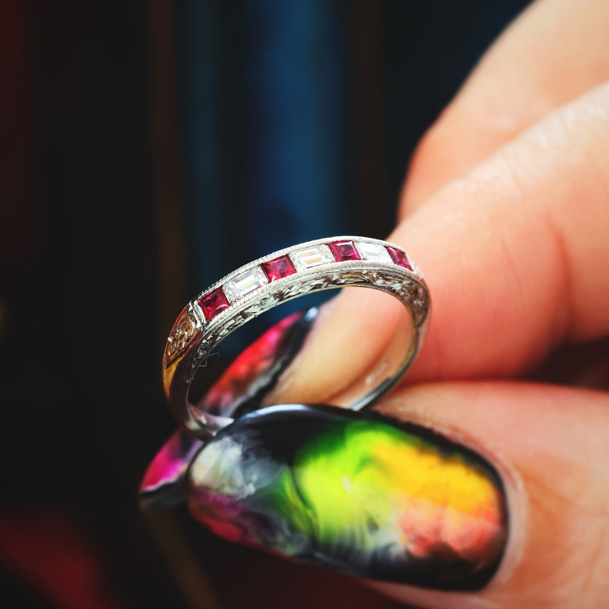 Pristine Ruby and Emerald Cut Diamond Band