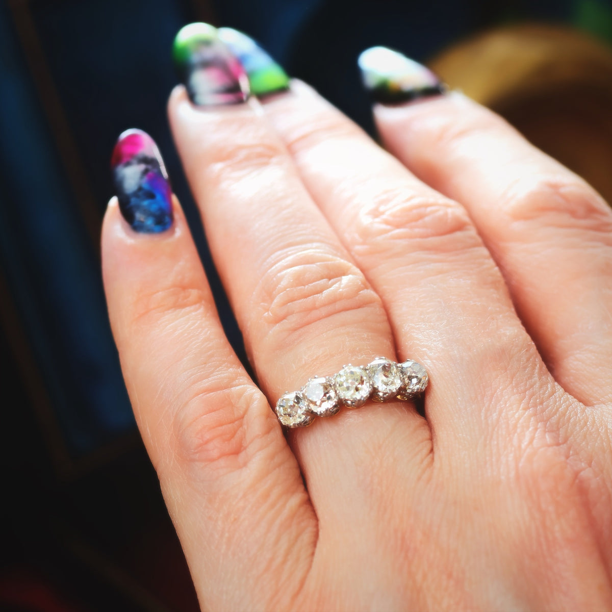 Superior Vintage Five Stone Hand Cut Diamond Engagement Ring