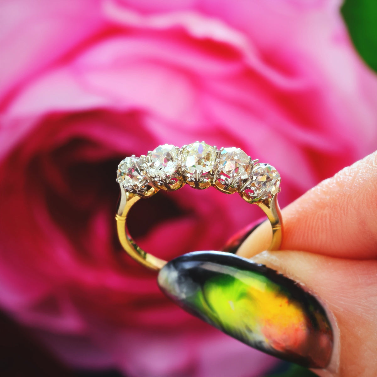 Superior Vintage Five Stone Hand Cut Diamond Engagement Ring