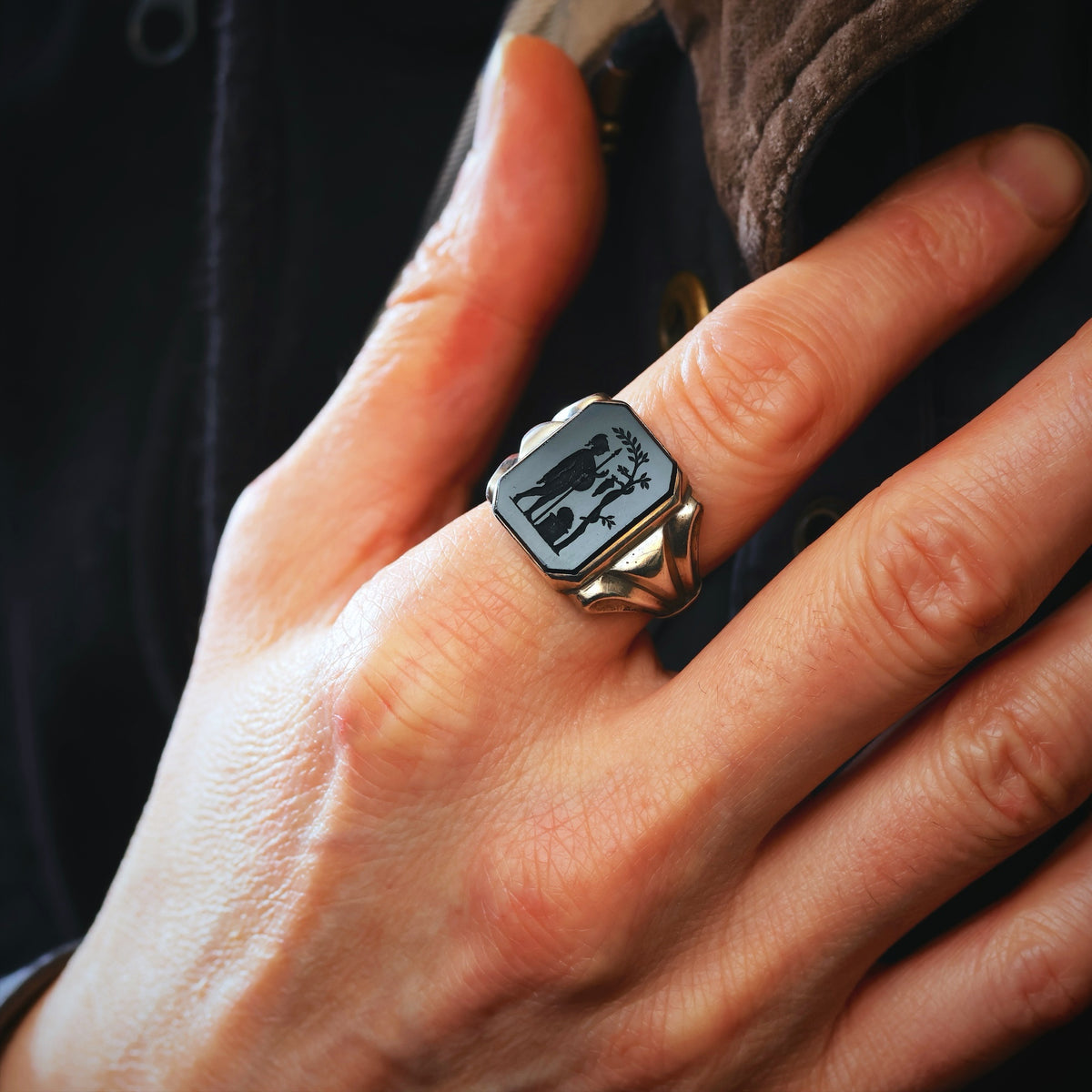 Vintage Hand Carved Allegorical Intaglio Onyx Signet Ring