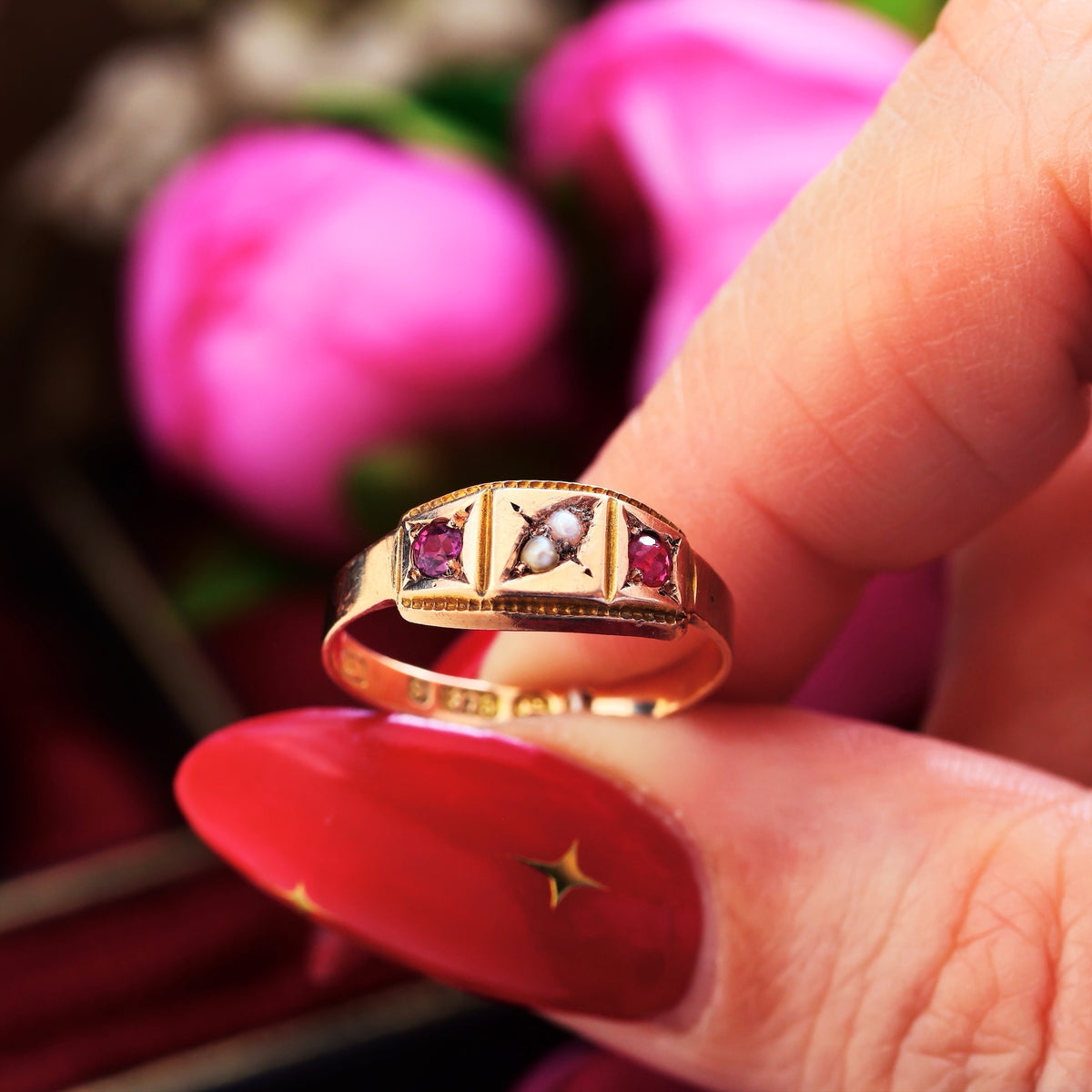 Antique Date 1878 Spinel & Pearl Dress Ring