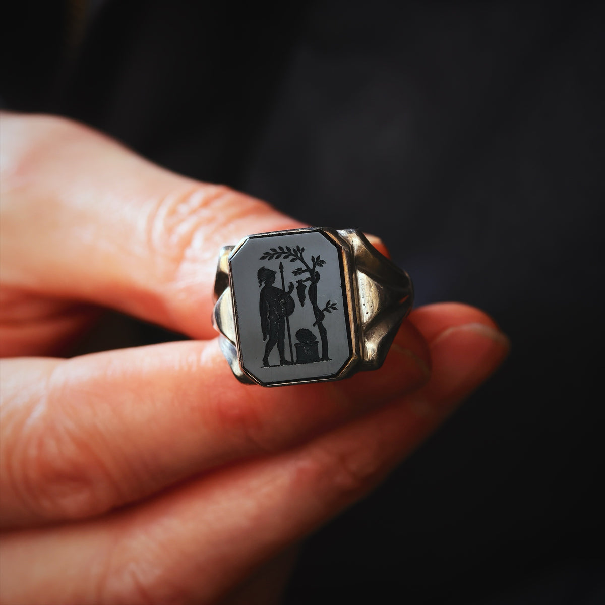 Vintage Hand Carved Allegorical Intaglio Onyx Signet Ring