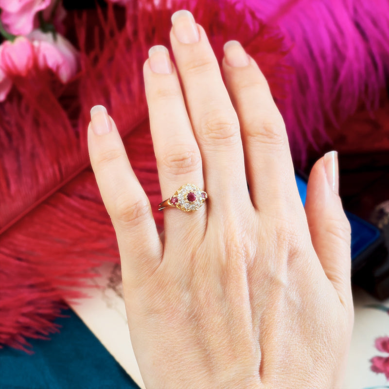 Antique Date 1875 Ruby & Diamond Cluster Ring