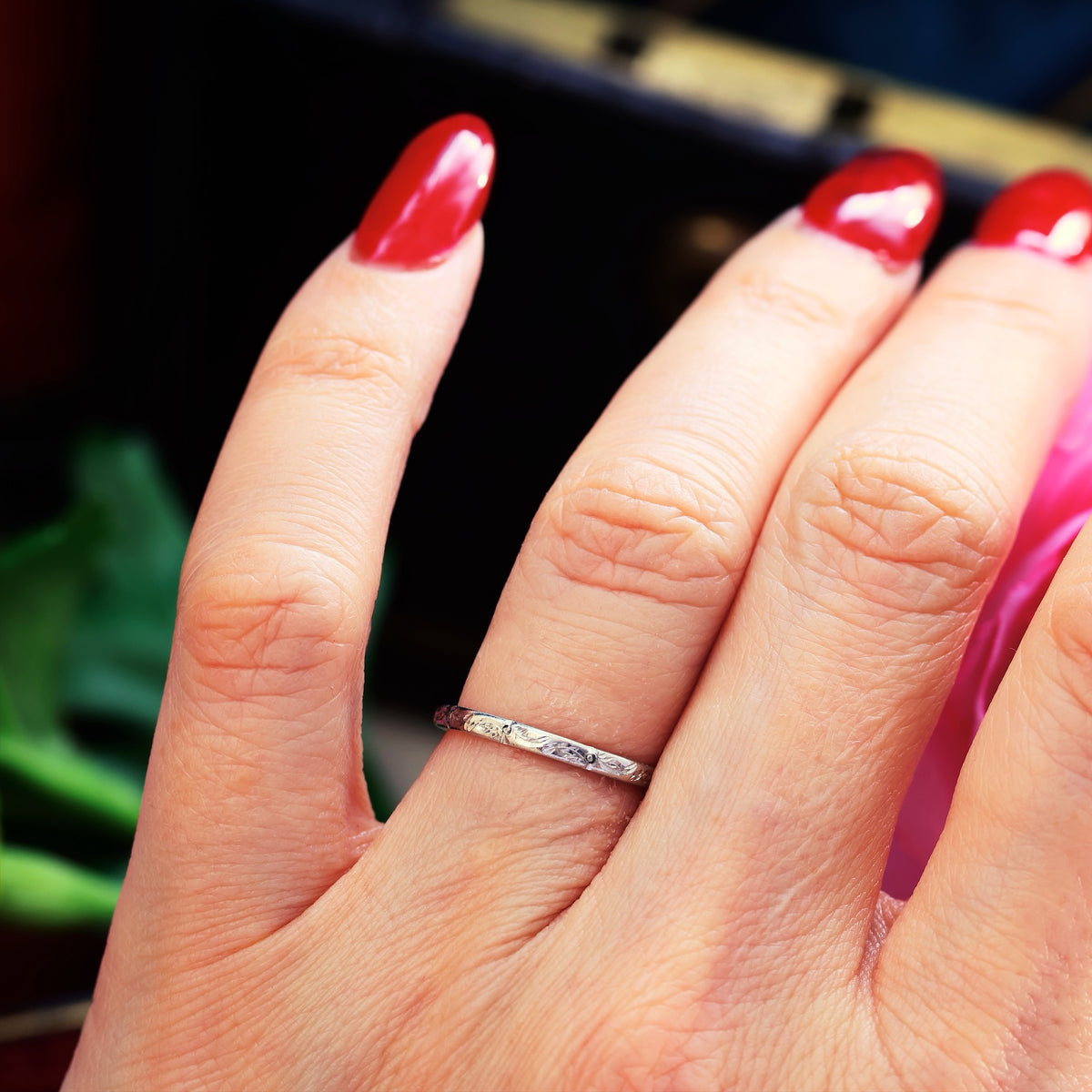 Vintage Size L Hand Engraved Platinum Wedding Band