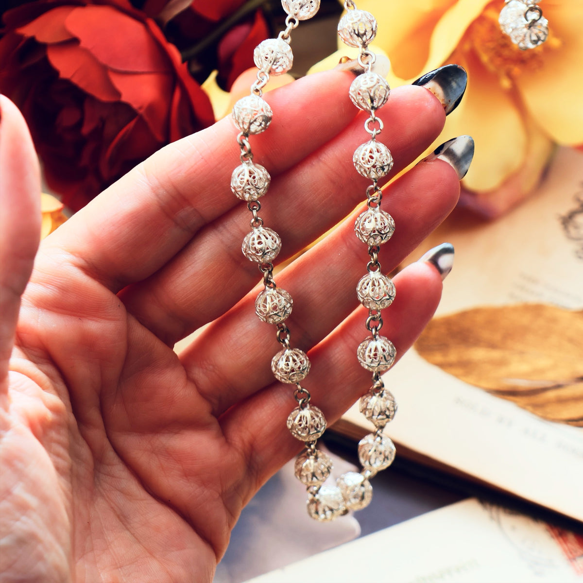 Vintage Continental Silver Filigree Bead Necklace