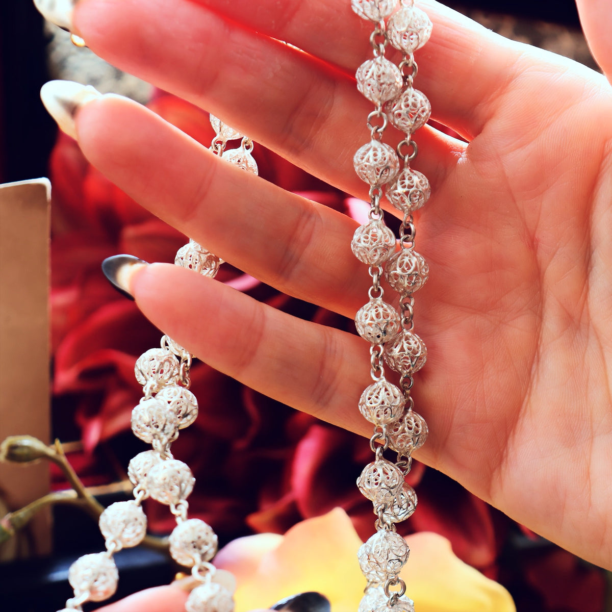 Vintage Continental Silver Filigree Bead Necklace