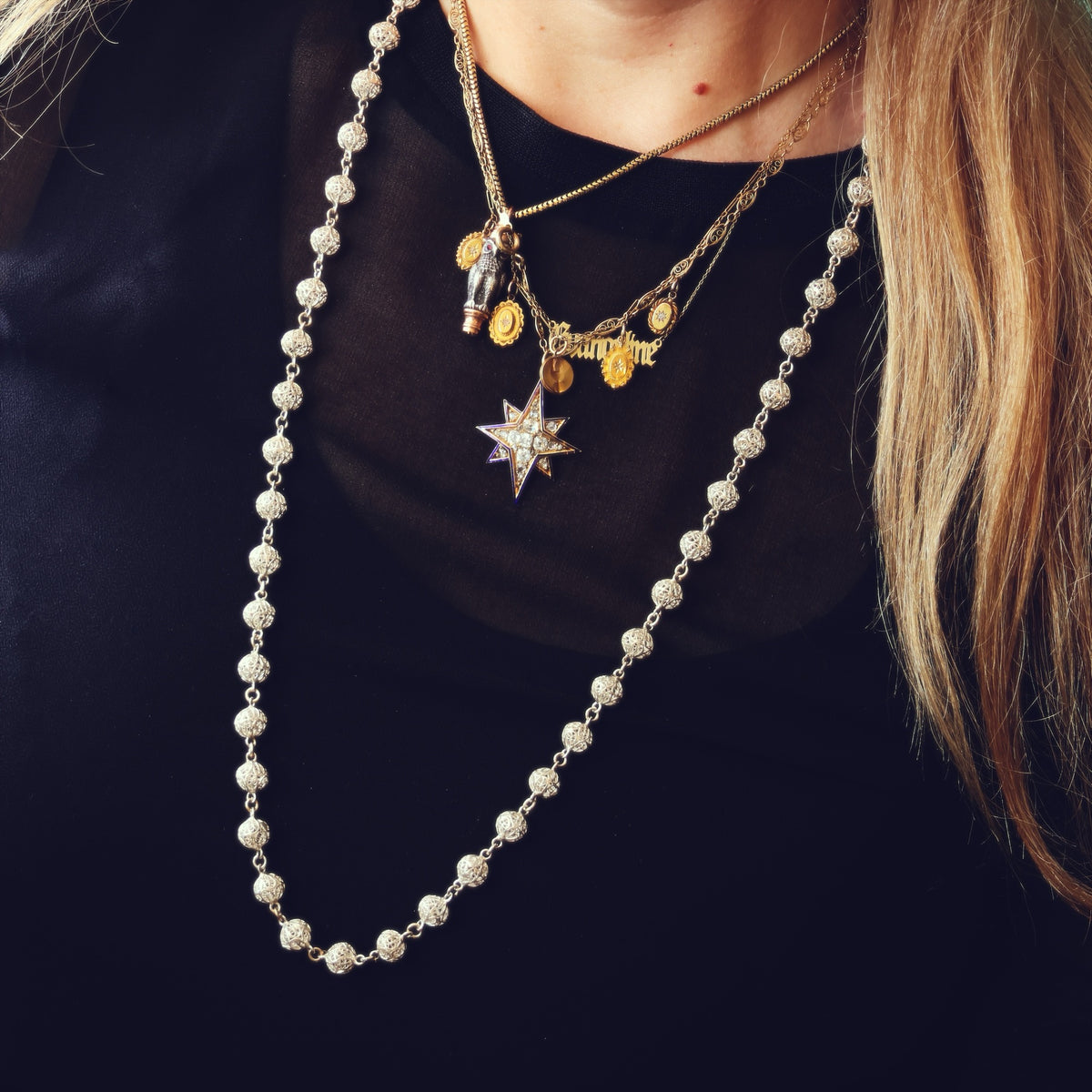 Vintage Continental Silver Filigree Bead Necklace