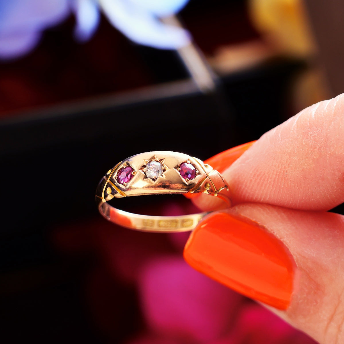 Date 1888 Gypsy Set Diamond & Ruby Ring