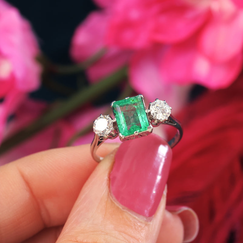 Vintage Emerald & Diamond Trilogy Engagement Ring