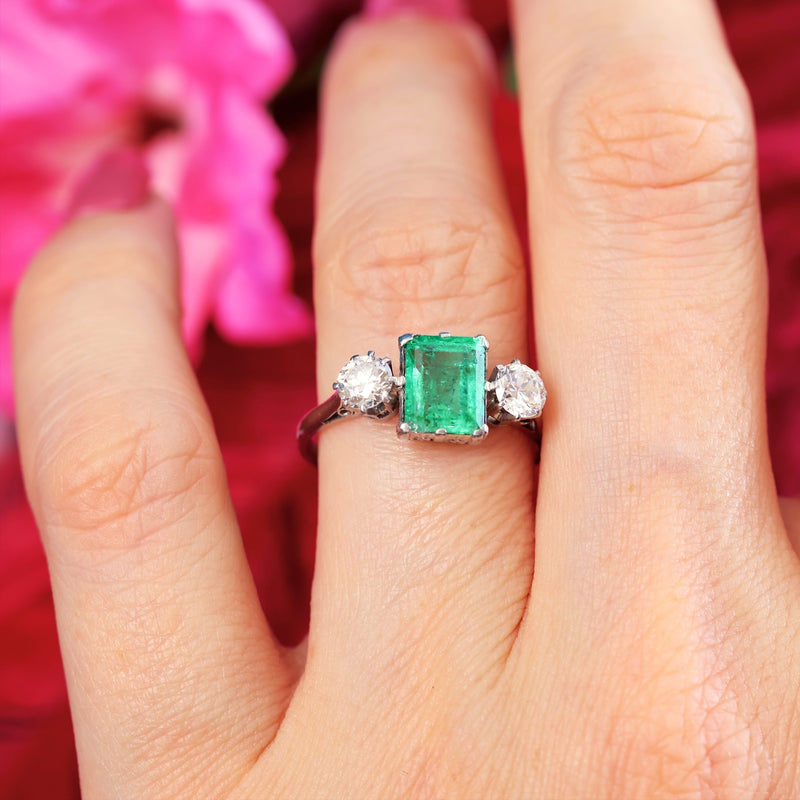 Vintage Emerald & Diamond Trilogy Engagement Ring