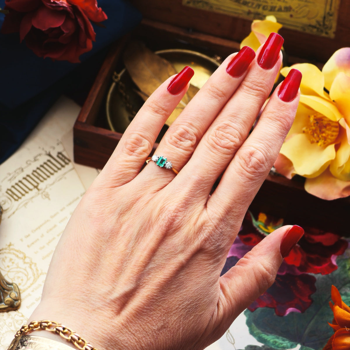 Pristine Vintage Emerald & Diamond Trilogy Engagement Ring