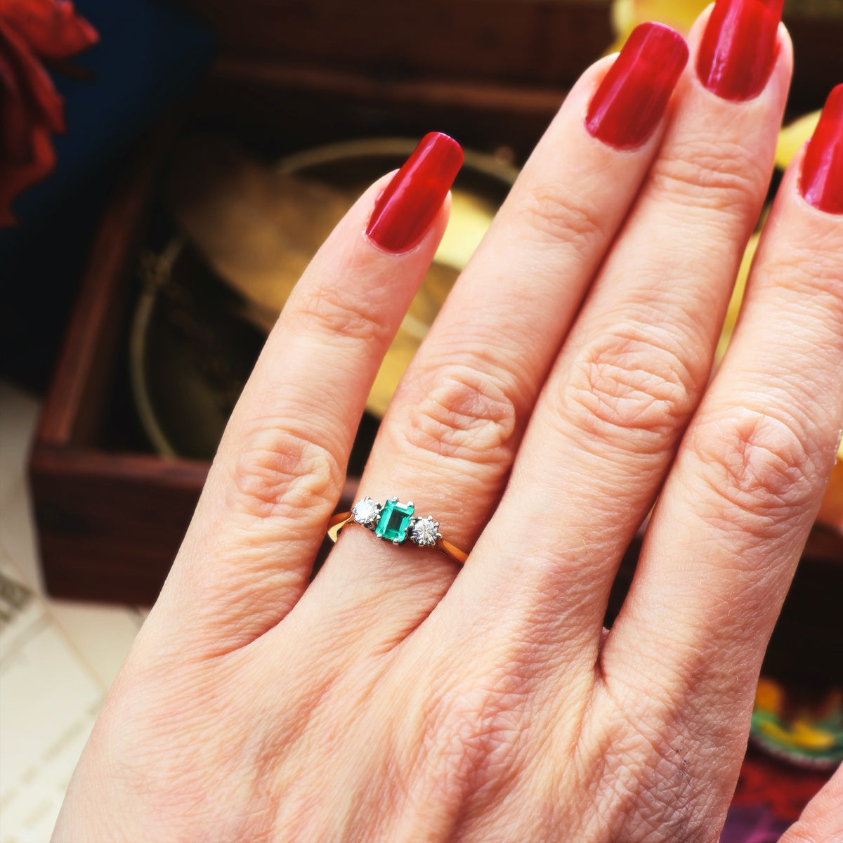 Pristine Vintage Emerald & Diamond Trilogy Engagement Ring
