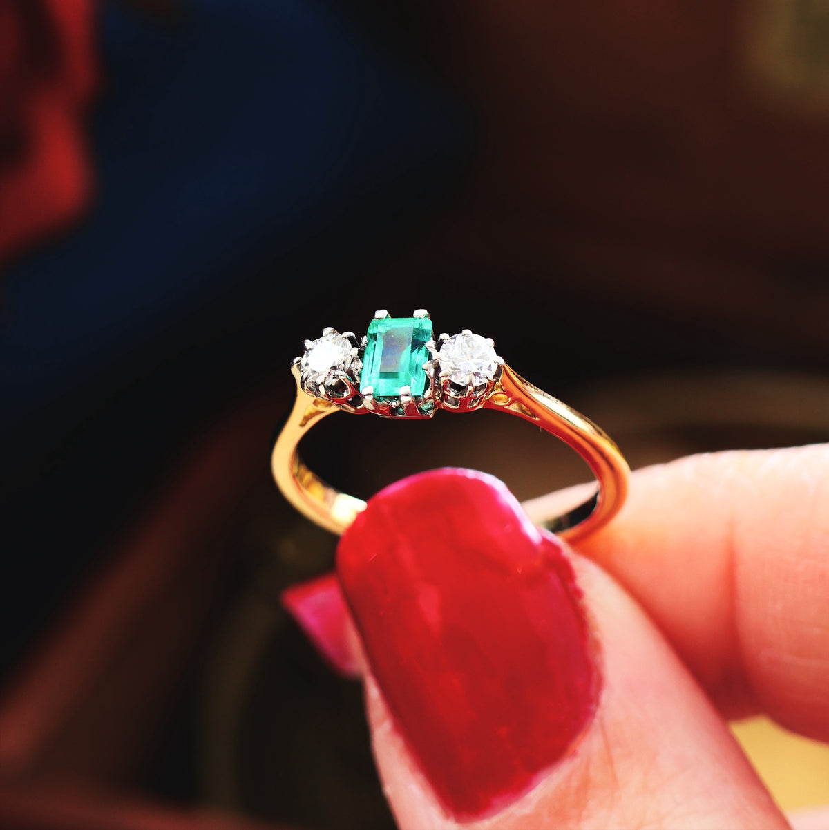 Pristine Vintage Emerald & Diamond Trilogy Engagement Ring