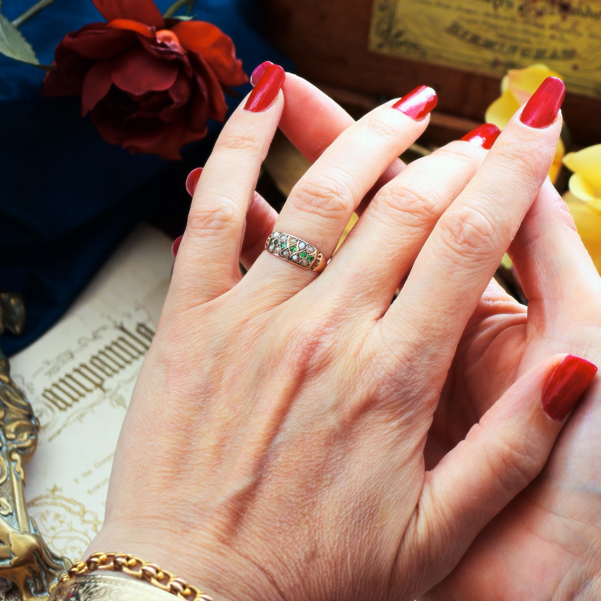 Date 1907 Green Garnet & Wild Pearl Ring