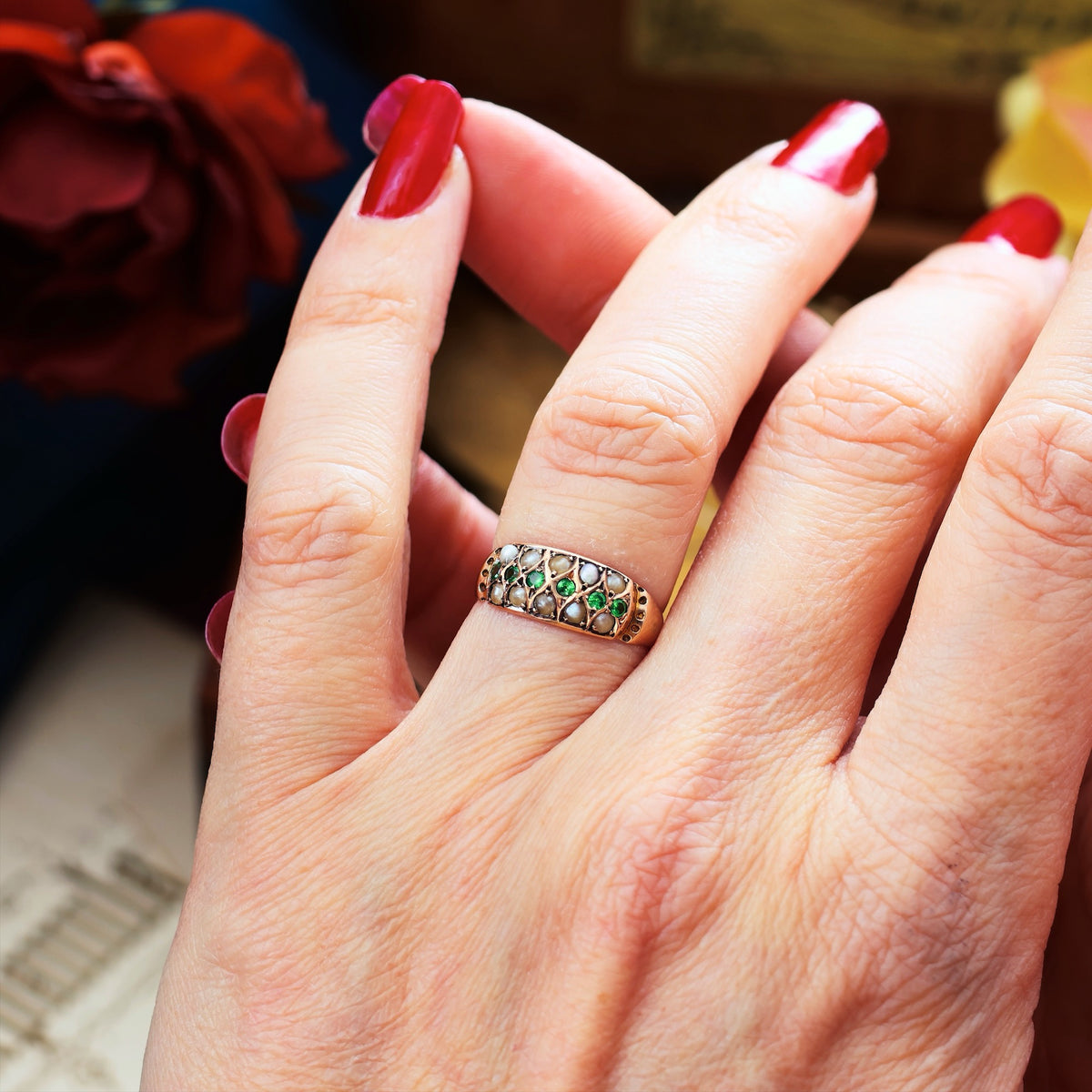 Date 1907 Green Garnet & Wild Pearl Ring