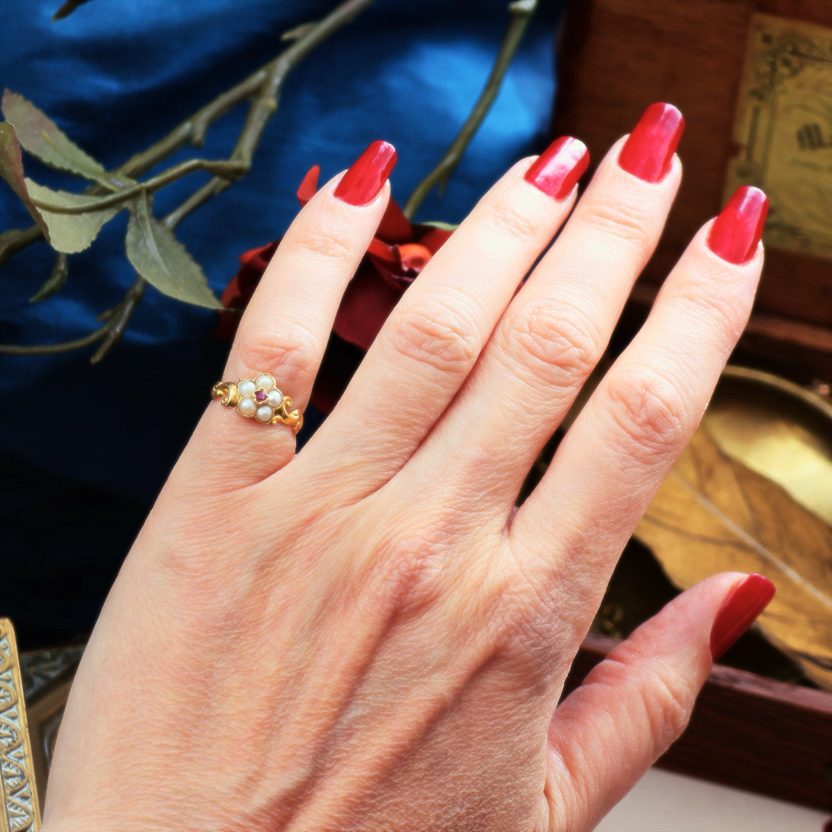 Exquisite Antique Wild Pearl and Ruby Pansy Ring