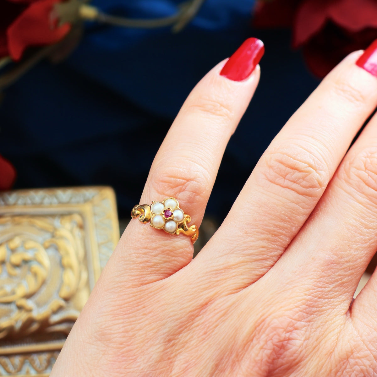 Exquisite Antique Wild Pearl and Ruby Pansy Ring