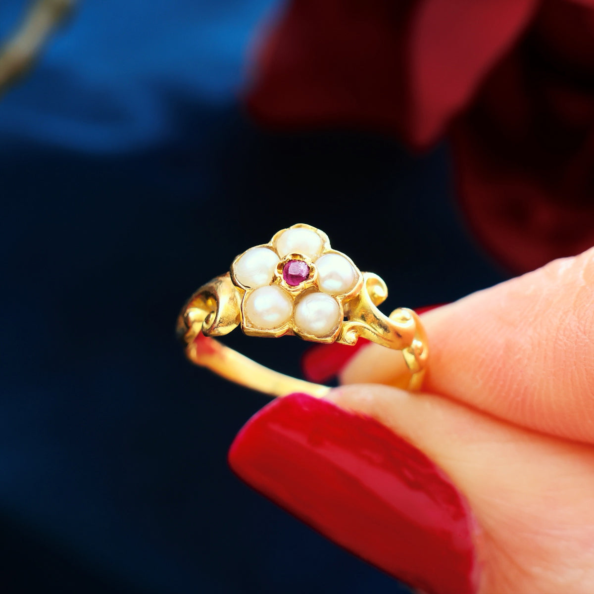 Exquisite Antique Wild Pearl and Ruby Pansy Ring