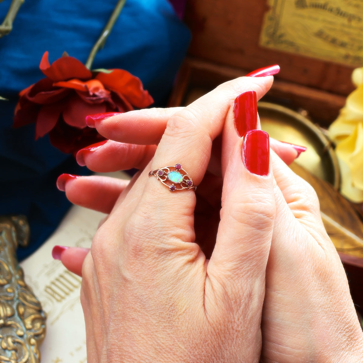 Vintage 9ct Rose Gold Opal & Ruby Ring