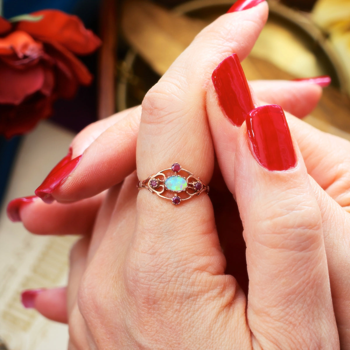 Vintage 9ct Rose Gold Opal & Ruby Ring