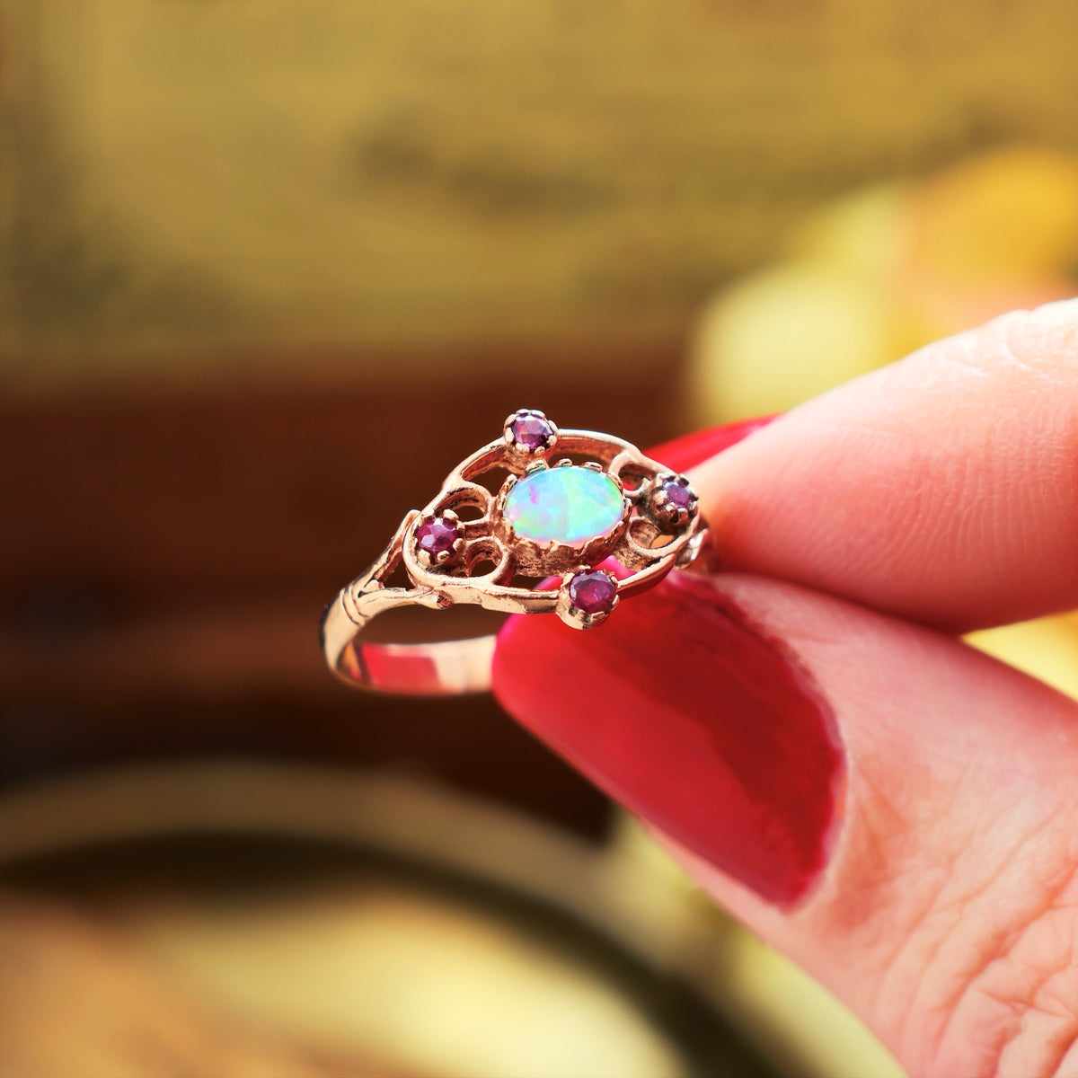 Vintage 9ct Rose Gold Opal & Ruby Ring