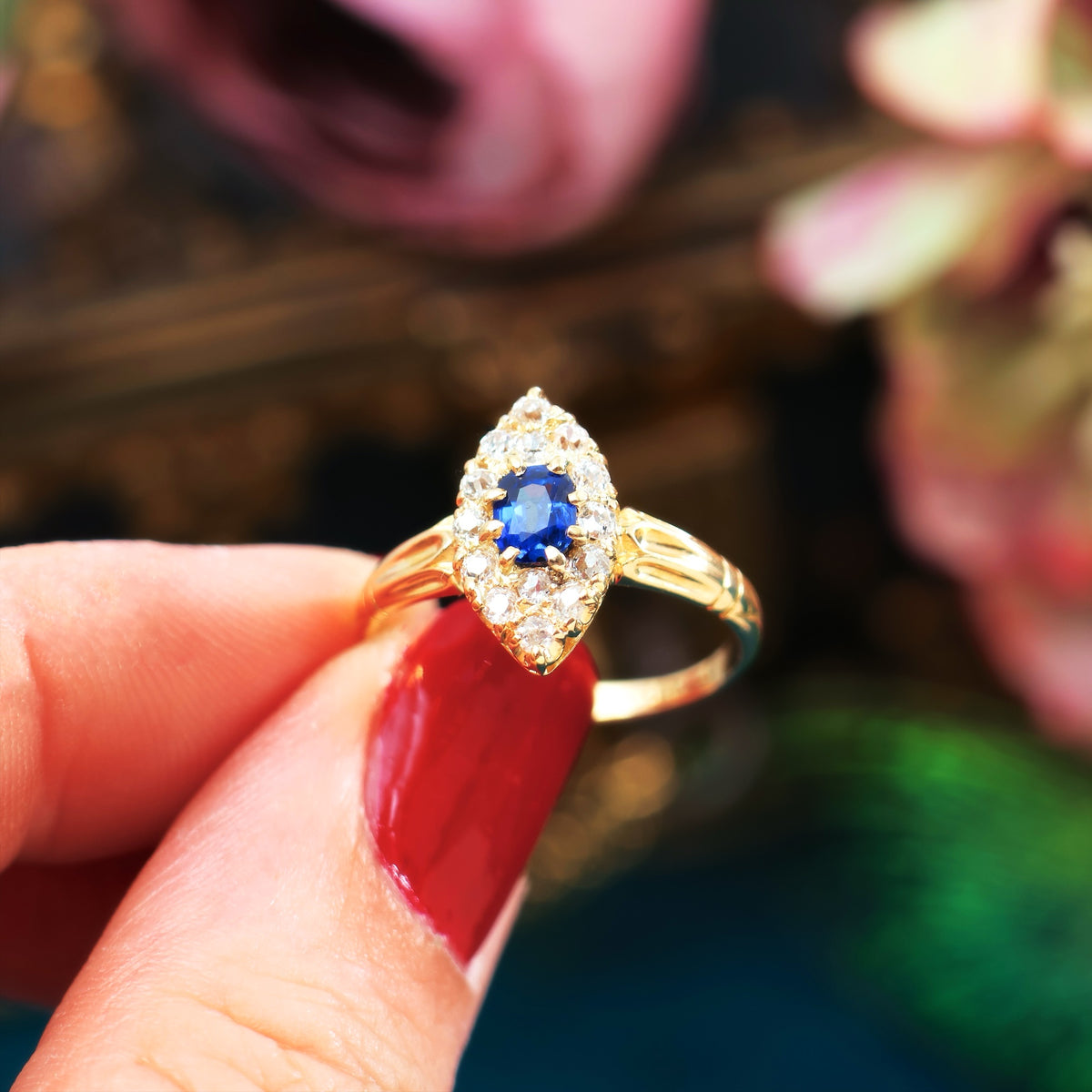 Antique Victorian Sapphire Diamond Navette Ring - Main Image