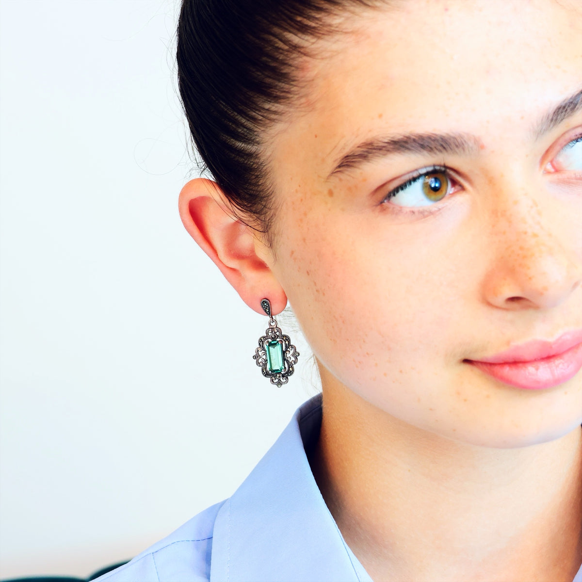 Vintage Style Green Quartz & Marcasite Drop Earrings