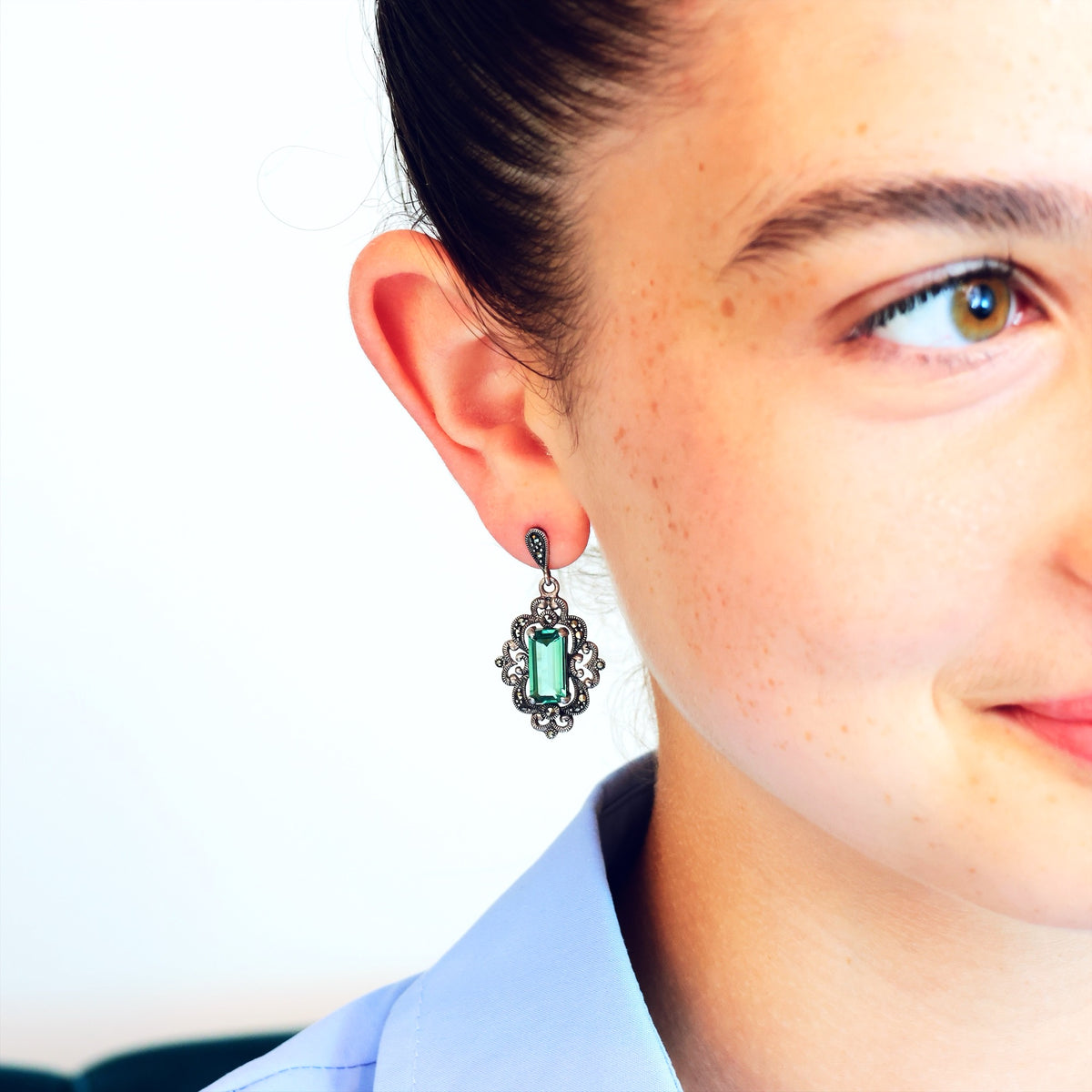 Vintage Style Green Quartz & Marcasite Drop Earrings