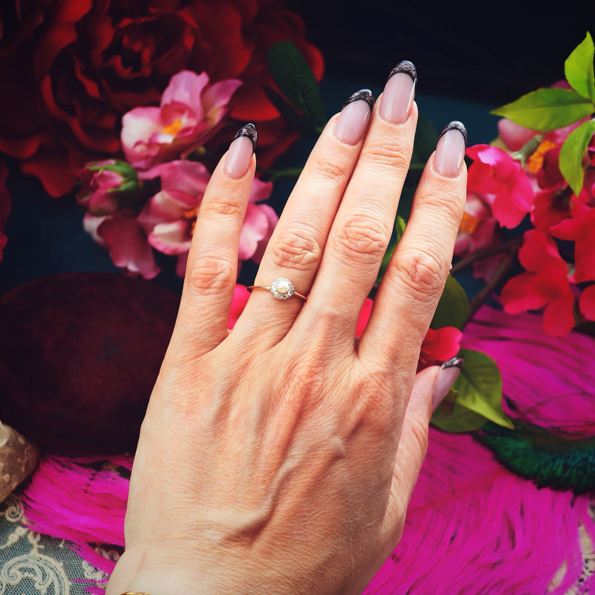 A Sweeet Little Hand Cut Diamond & Natural Pearl Cluster Ring