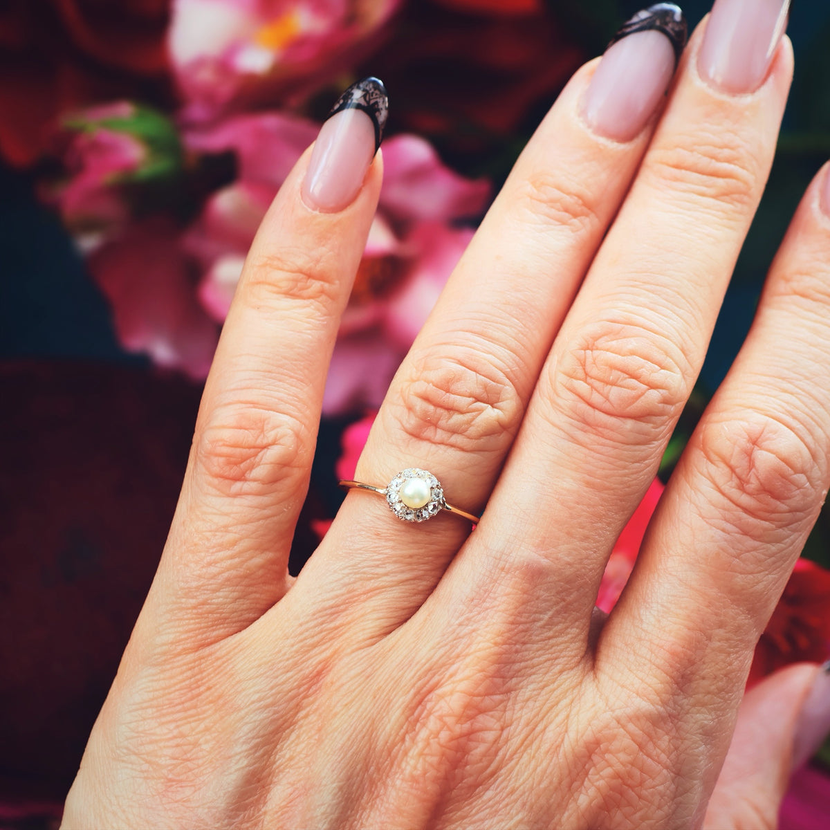 A Sweeet Little Hand Cut Diamond & Natural Pearl Cluster Ring