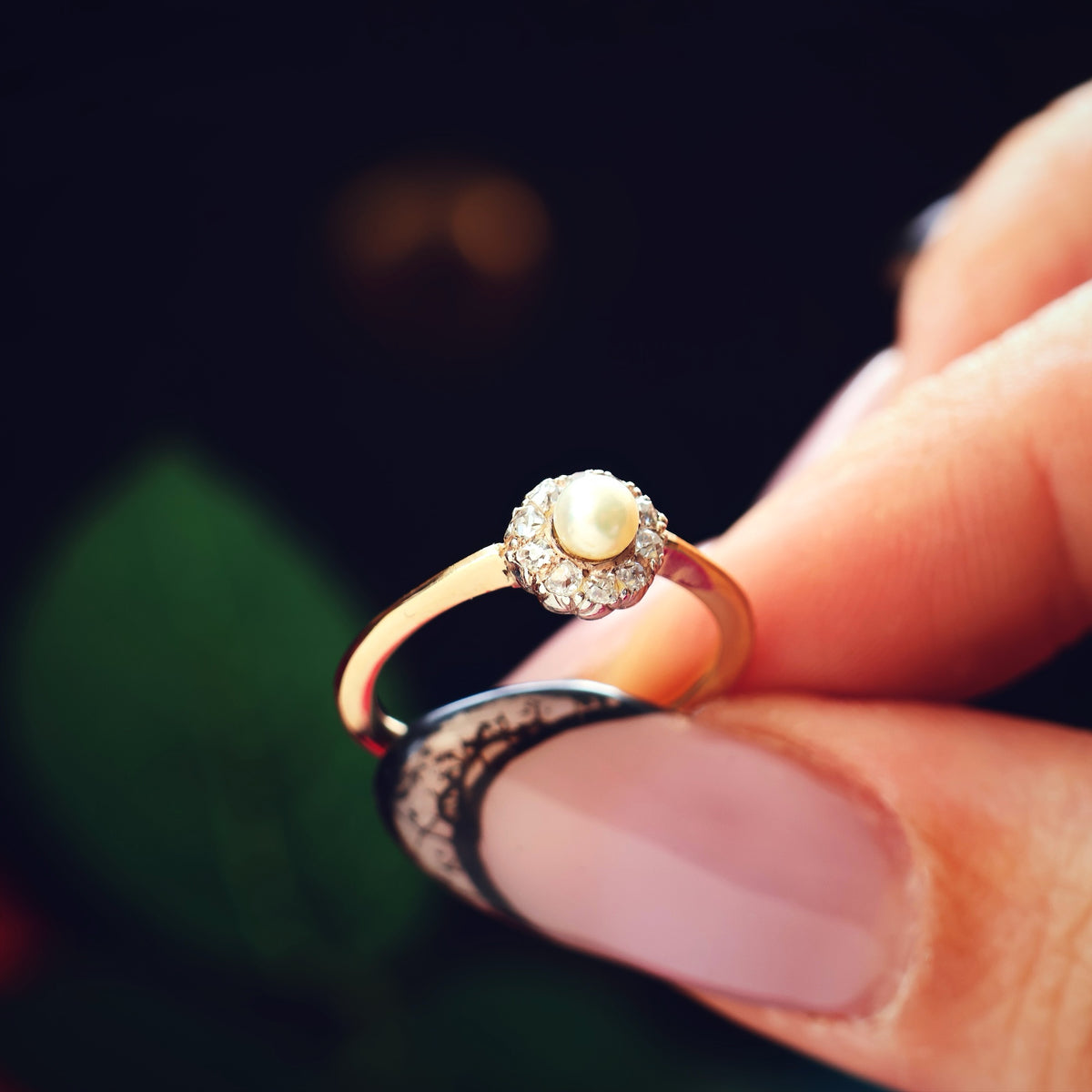 A Sweeet Little Hand Cut Diamond & Natural Pearl Cluster Ring
