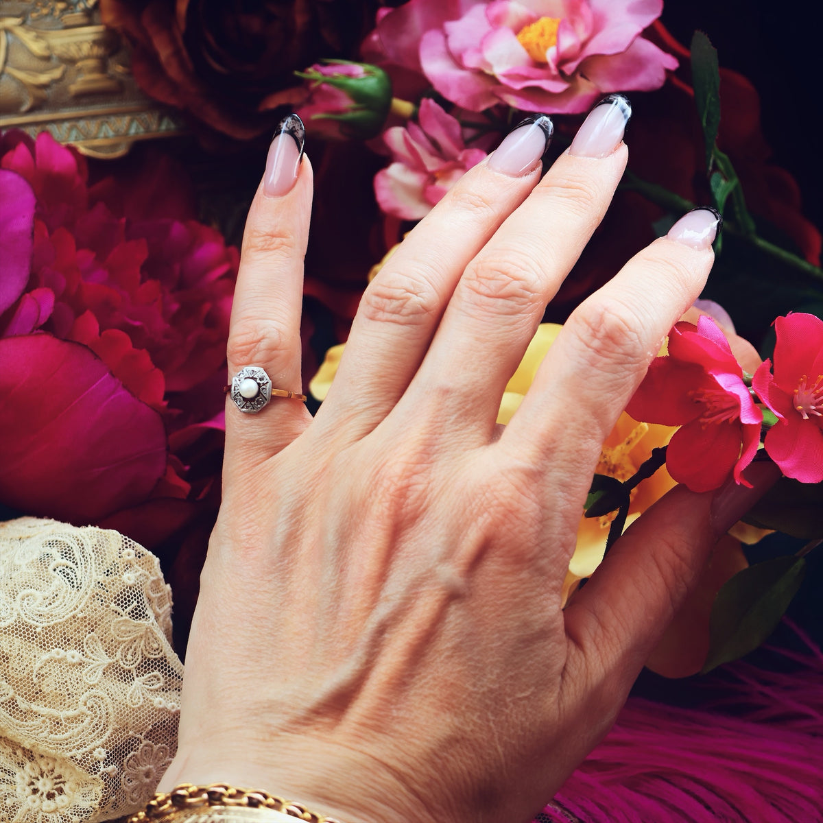 Dainty Vintage 1920's Pearl & Diamond Dress Ring