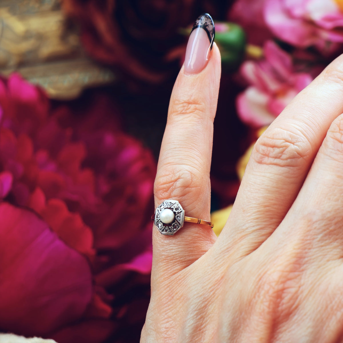 Dainty Vintage 1920's Pearl & Diamond Dress Ring