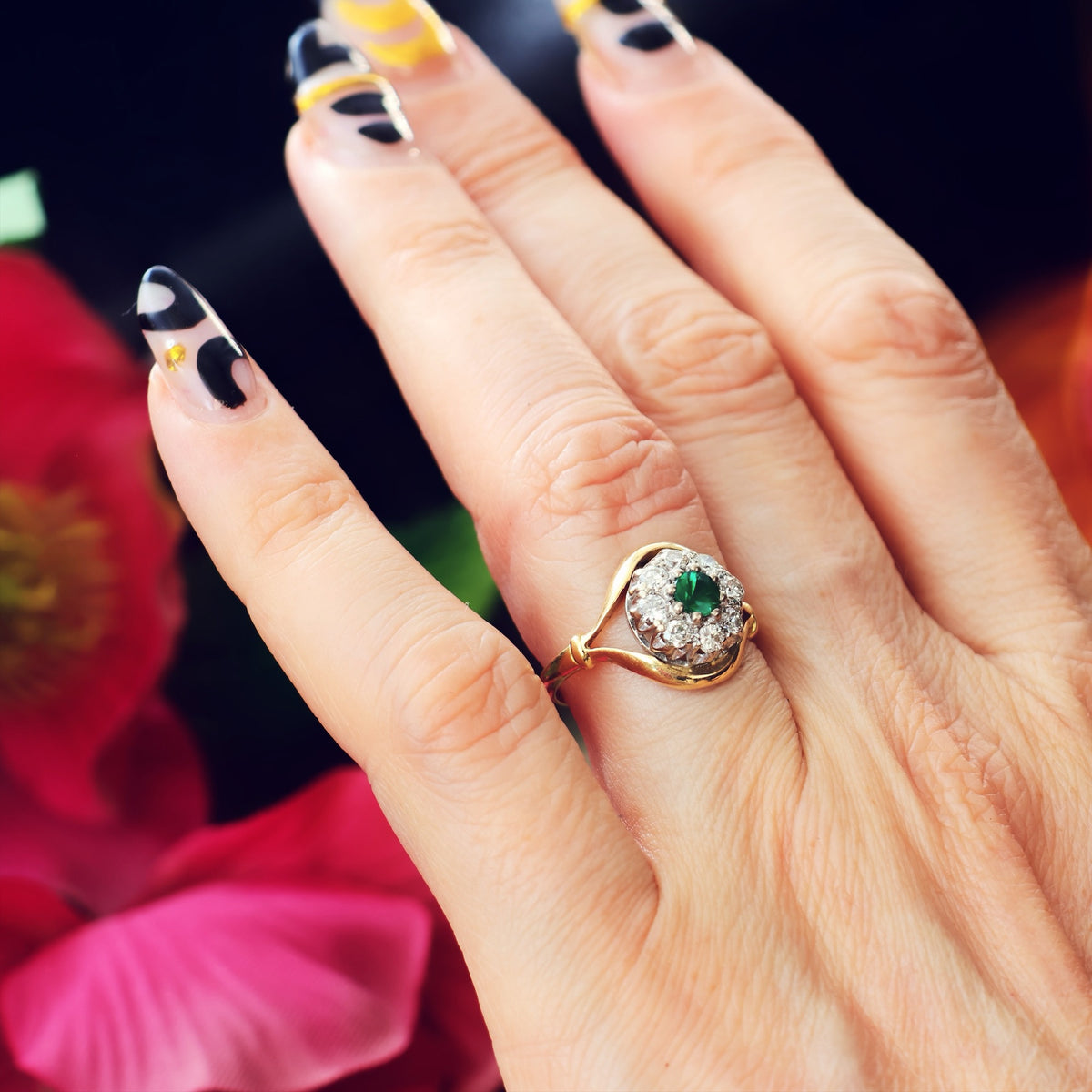Date 1965 Emerald & Diamond Flowerette Engagement Ring