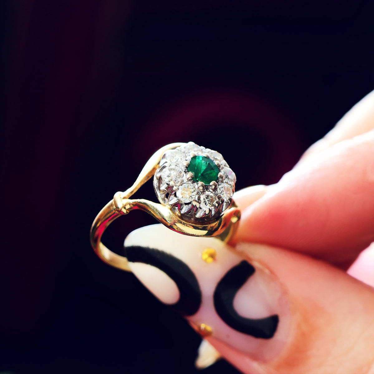 Date 1965 Emerald & Diamond Flowerette Engagement Ring